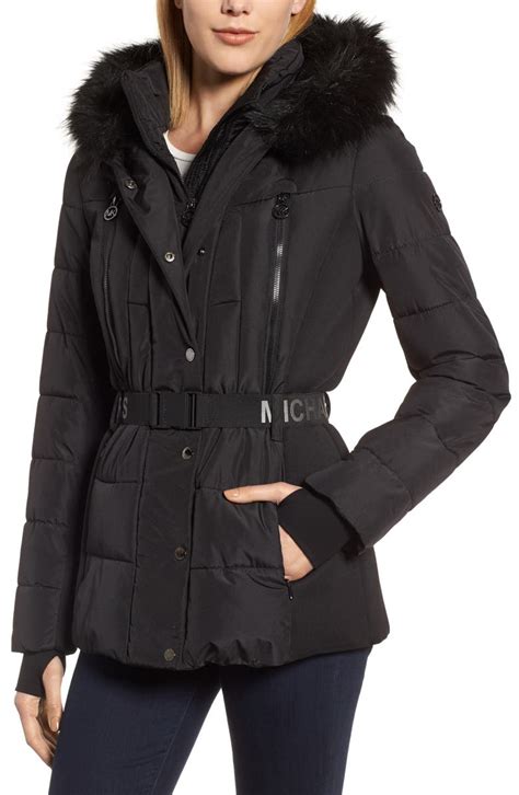 michael kors belted faux fur trim puffer coat|Michael Kors packable puffer jacket.